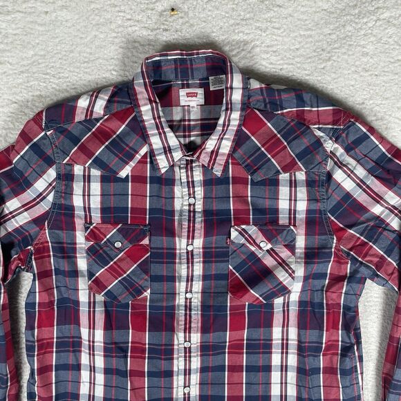Levis Shirt Mens 2XL XXL Blue Red Western Pearl Snap Cowboy Rodeo Long Sleeved - Picture 2 of 12